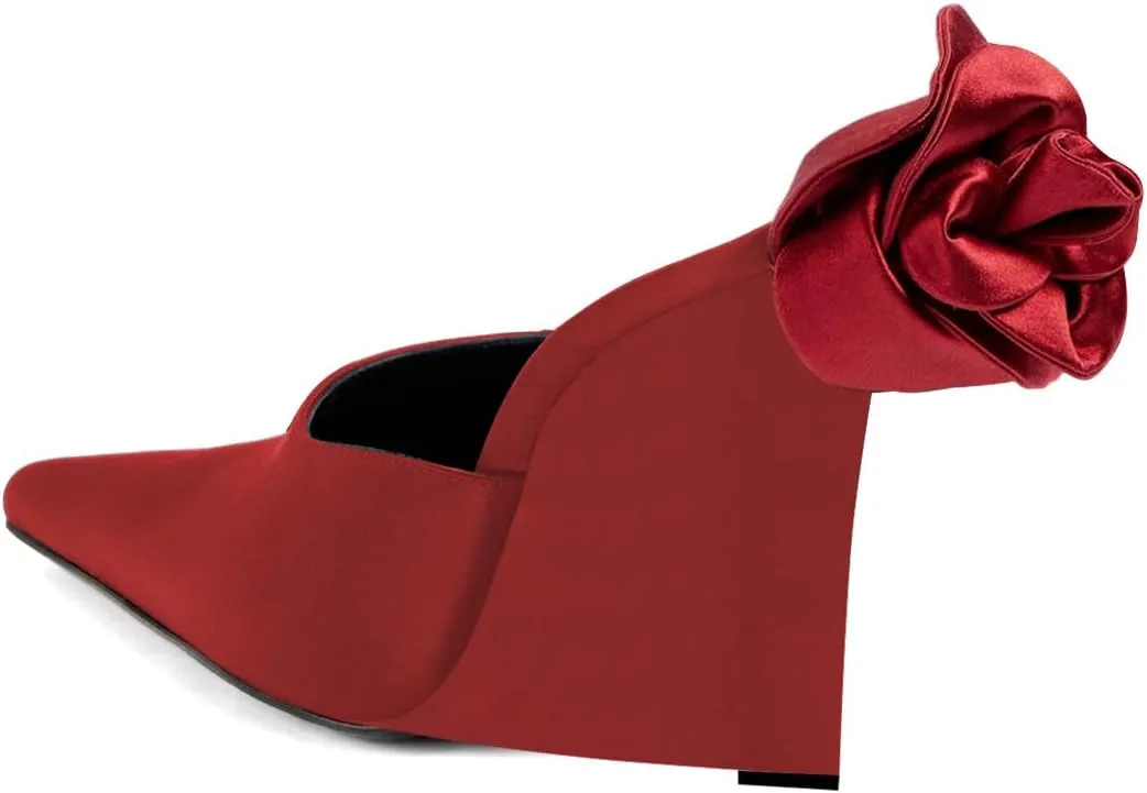XYD Women Satin Pointed Toe Wedges Back Oversized Rose Flower High Heel Slip-on Mules Wedding After Party Shoes