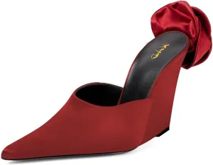 XYD Women Satin Pointed Toe Wedges Back Oversized Rose Flower High Heel Slip-on Mules Wedding After Party Shoes