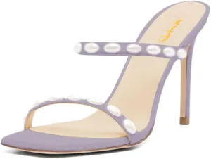 XYD Women Two Strap Pearls Heeled Mules Open Toe Stiletto High Heel Sandals Holiday Dress Shoes