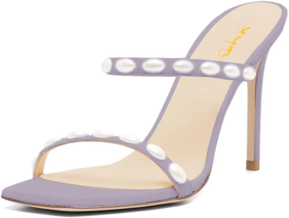 XYD Women Two Strap Pearls Heeled Mules Open Toe Stiletto High Heel Sandals Holiday Dress Shoes