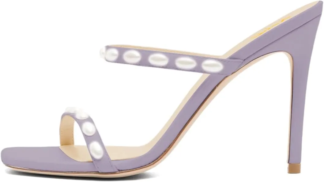 XYD Women Two Strap Pearls Heeled Mules Open Toe Stiletto High Heel Sandals Holiday Dress Shoes