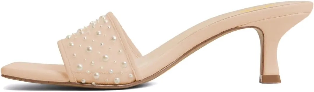 XYD Women Wedding Pearls Mules Kitten Low Heel Open Square Toe Mesh Slide Sandals Slip-on Comfort Dress Shoes