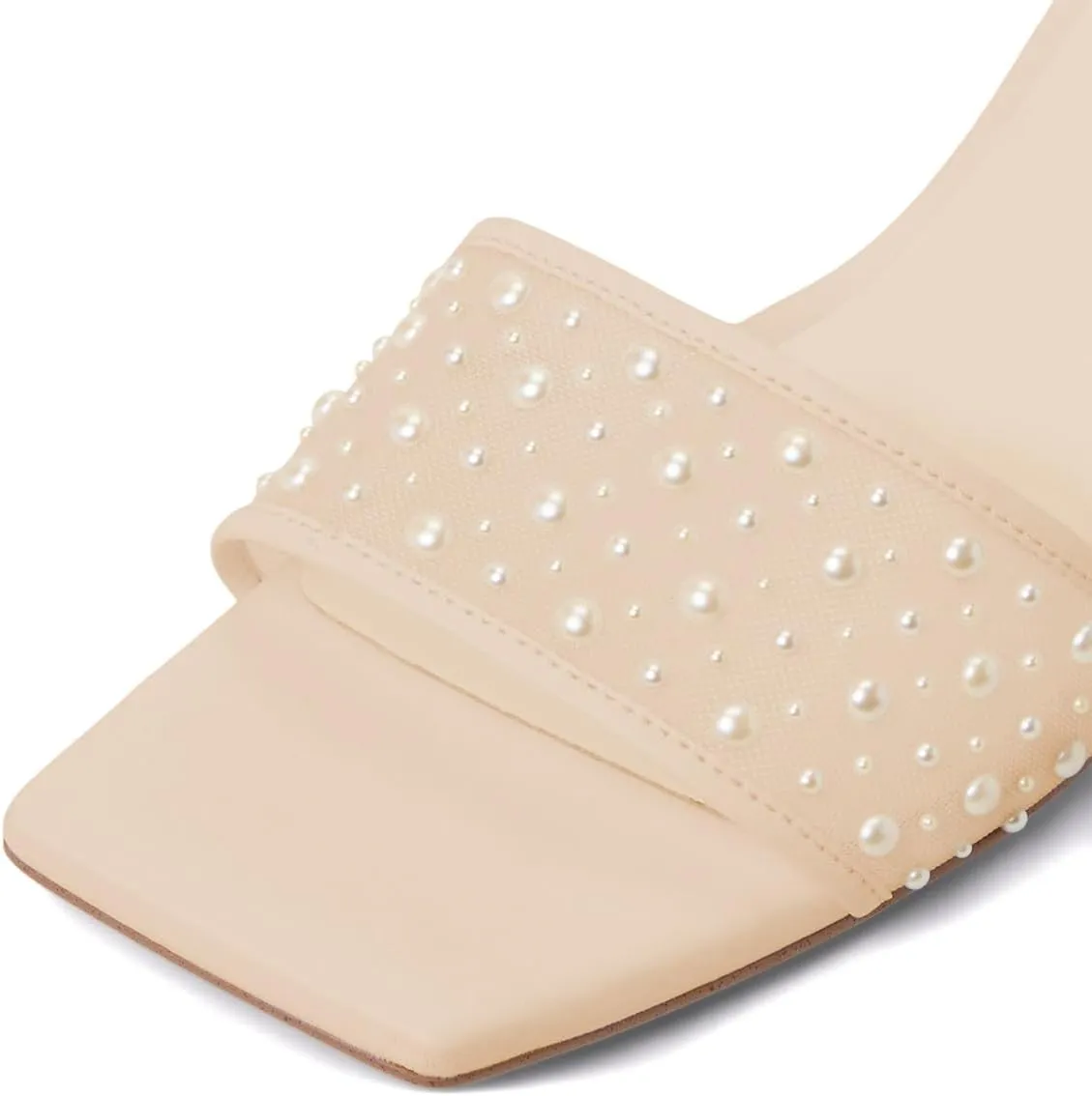 XYD Women Wedding Pearls Mules Kitten Low Heel Open Square Toe Mesh Slide Sandals Slip-on Comfort Dress Shoes