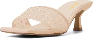 XYD Women Wedding Pearls Mules Kitten Low Heel Open Square Toe Mesh Slide Sandals Slip-on Comfort Dress Shoes