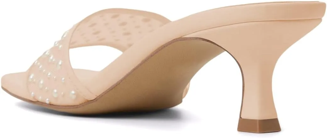 XYD Women Wedding Pearls Mules Kitten Low Heel Open Square Toe Mesh Slide Sandals Slip-on Comfort Dress Shoes