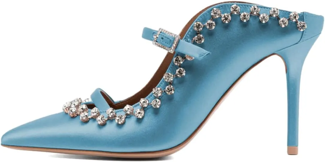 XYD Women's Satin Heeled Mules Stylish Pointed Toe Dual Straps Crystal Rhinestones Slip On Bridal Party Evening Sandals Shoes