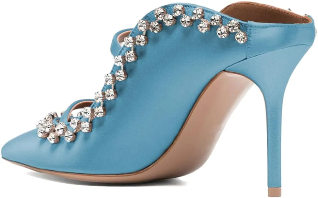 XYD Women's Satin Heeled Mules Stylish Pointed Toe Dual Straps Crystal Rhinestones Slip On Bridal Party Evening Sandals Shoes