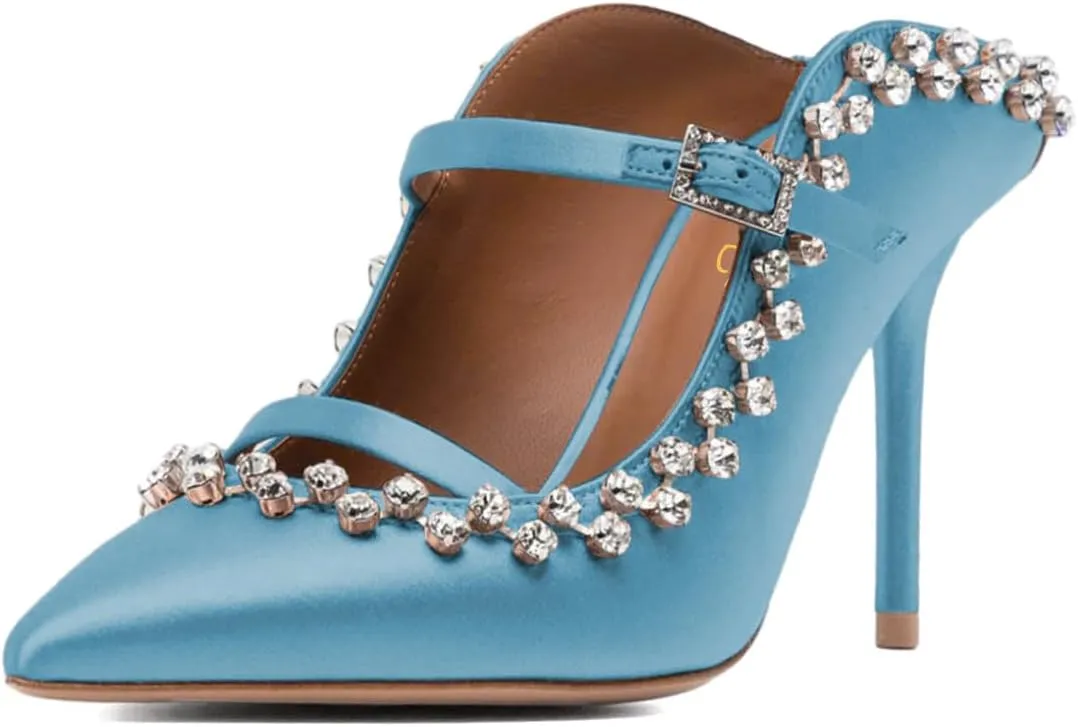 XYD Women's Satin Heeled Mules Stylish Pointed Toe Dual Straps Crystal Rhinestones Slip On Bridal Party Evening Sandals Shoes