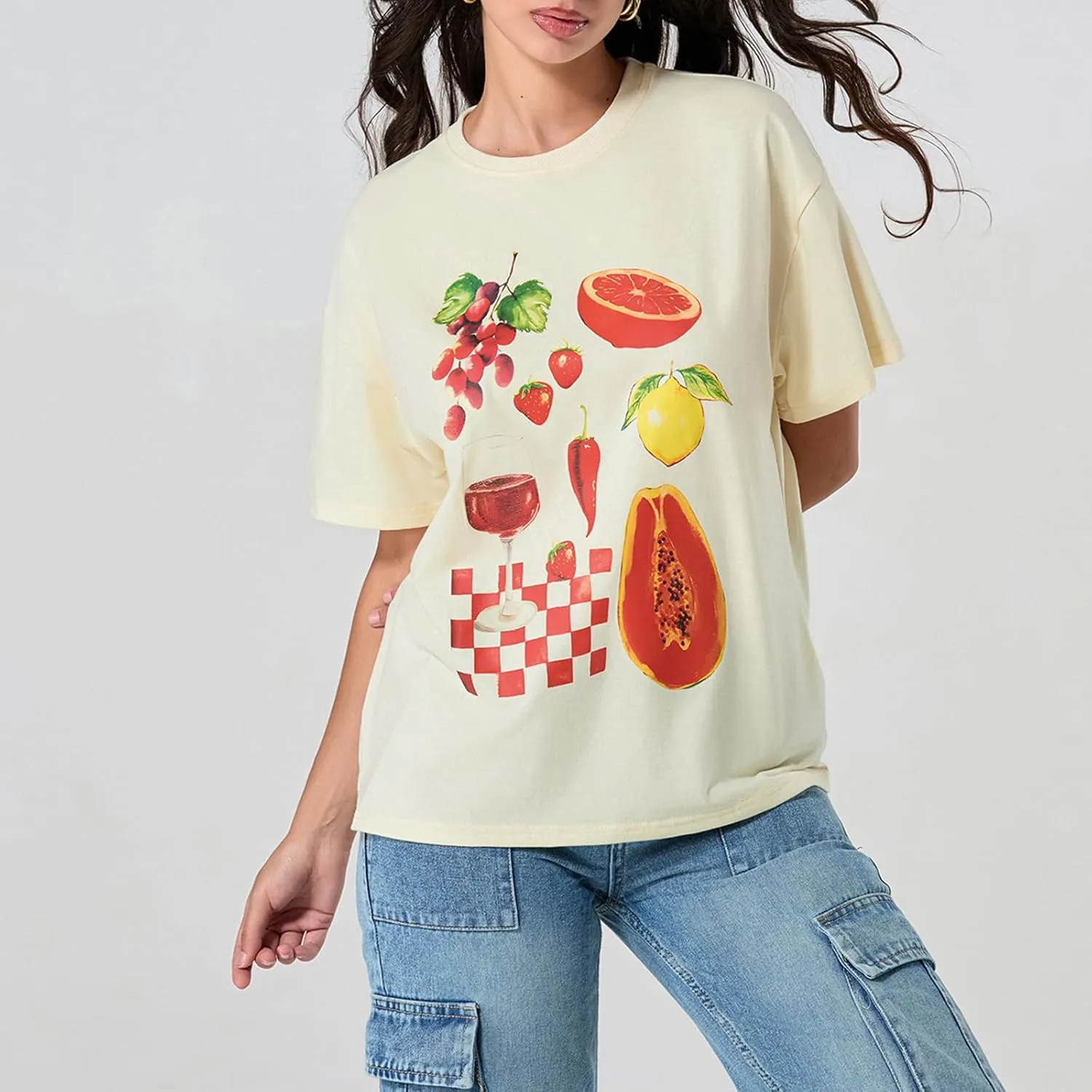 Y2k Oversized Graphic Tshirt for Women Cute Fruit Print Crew Neck Loose Baby Tee Casual Baggy Aesthetic Streetwear