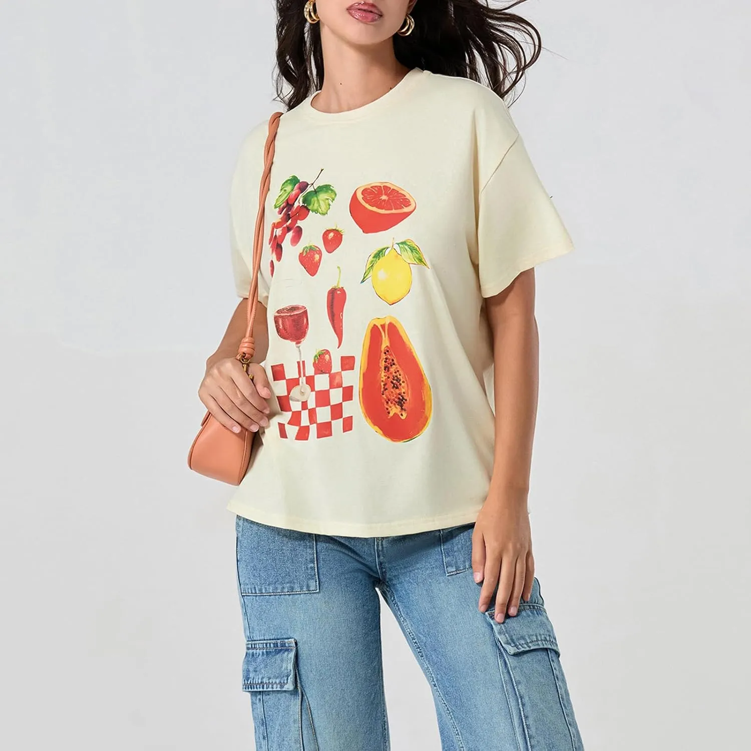 Y2k Oversized Graphic Tshirt for Women Cute Fruit Print Crew Neck Loose Baby Tee Casual Baggy Aesthetic Streetwear