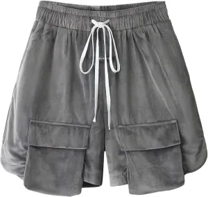Y2K Suede Cargo Shorts Drawstring Elastic Waist Short Pants Vintage Baggy Sports Casual Streetwear with Pockets