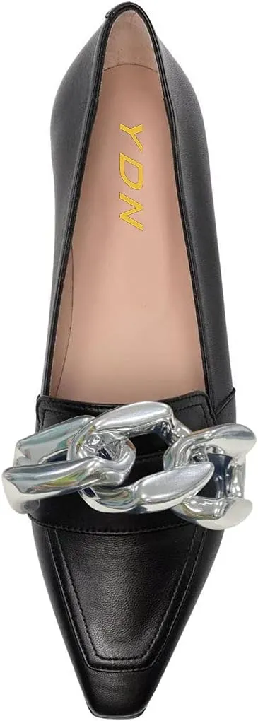 YDN Women Chic Closed Toe Ballet Flats Metal Chain Slip On Pumps Loafers Soft Walking Shoes