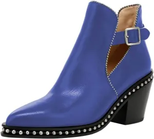 YDN Women Studded Mid Chunky Heeled Ankle Booties Pumps Closed Almond Toe Buckle Strap Short Combat Boot Size 4-15 US