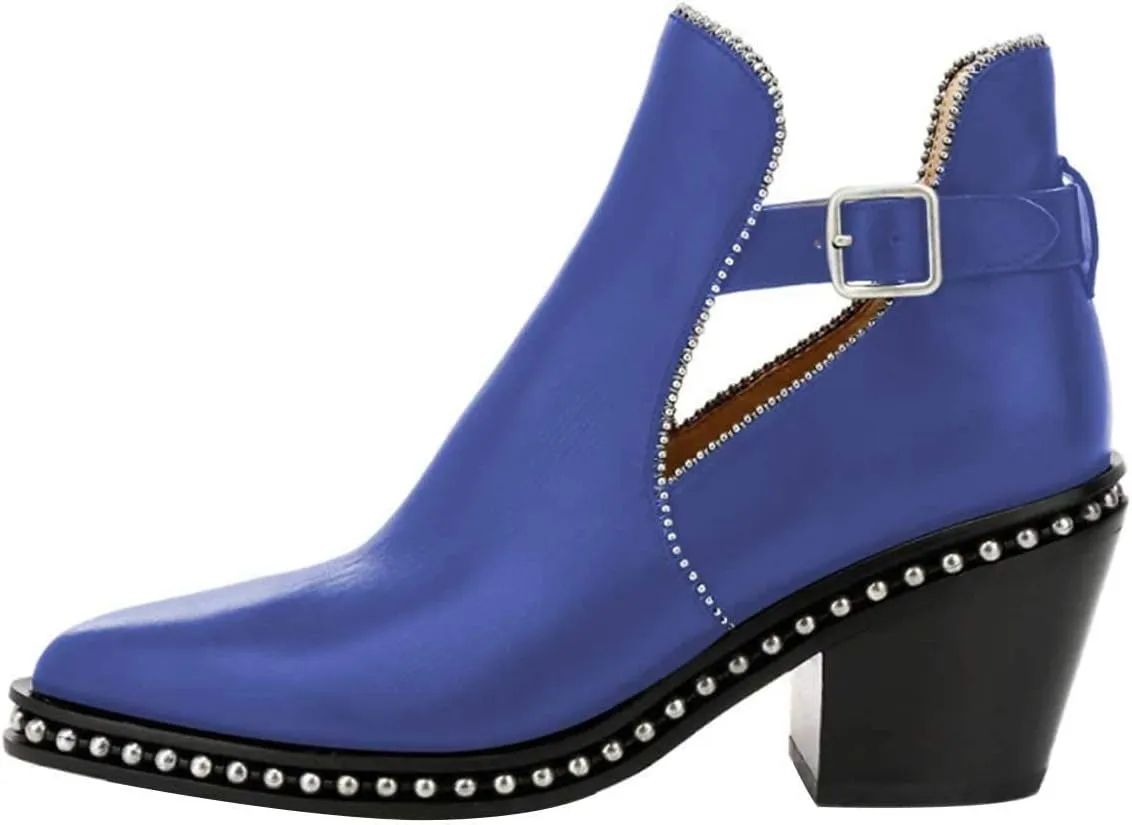 YDN Women Studded Mid Chunky Heeled Ankle Booties Pumps Closed Almond Toe Buckle Strap Short Combat Boot Size 4-15 US