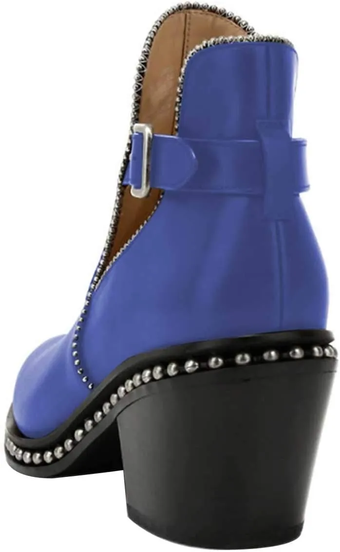 YDN Women Studded Mid Chunky Heeled Ankle Booties Pumps Closed Almond Toe Buckle Strap Short Combat Boot Size 4-15 US