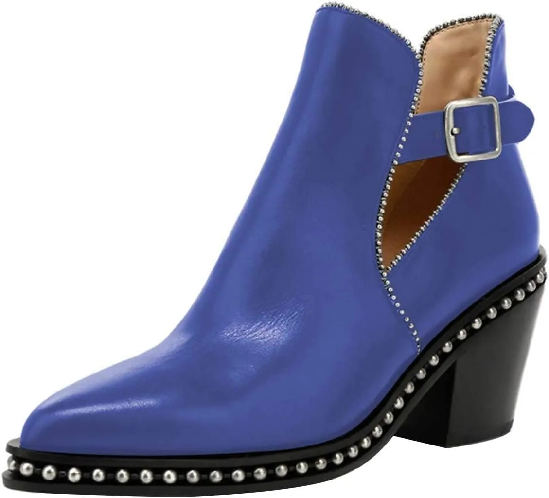 YDN Women Studded Mid Chunky Heeled Ankle Booties Pumps Closed Almond Toe Buckle Strap Short Combat Boot Size 4-15 US