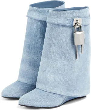Yishaweiqi Padlock Ankle Boots Fold Over Wedge Heel Booties Wide-calf Short Boot