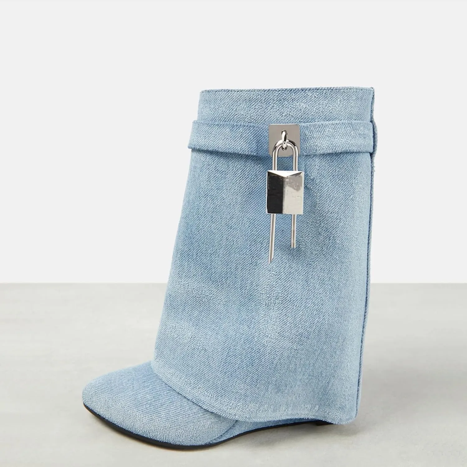 Yishaweiqi Padlock Ankle Boots Fold Over Wedge Heel Booties Wide-calf Short Boot