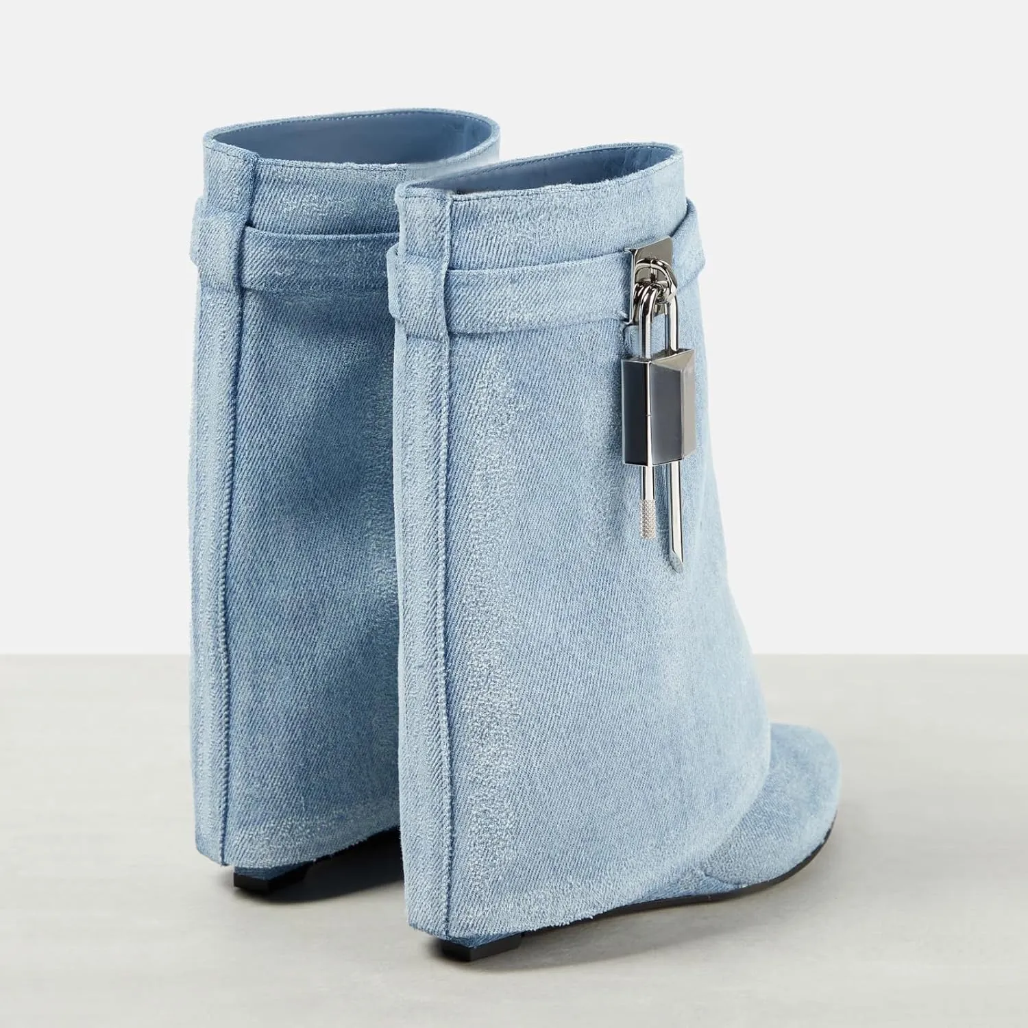 Yishaweiqi Padlock Ankle Boots Fold Over Wedge Heel Booties Wide-calf Short Boot