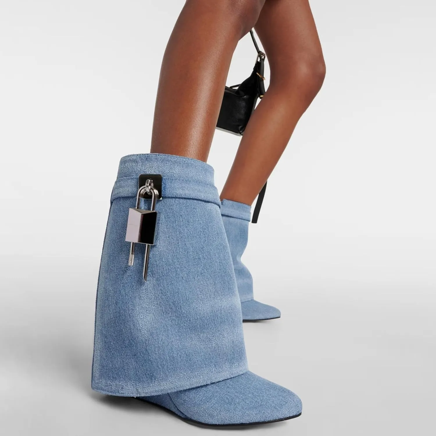 Yishaweiqi Padlock Ankle Boots Fold Over Wedge Heel Booties Wide-calf Short Boot