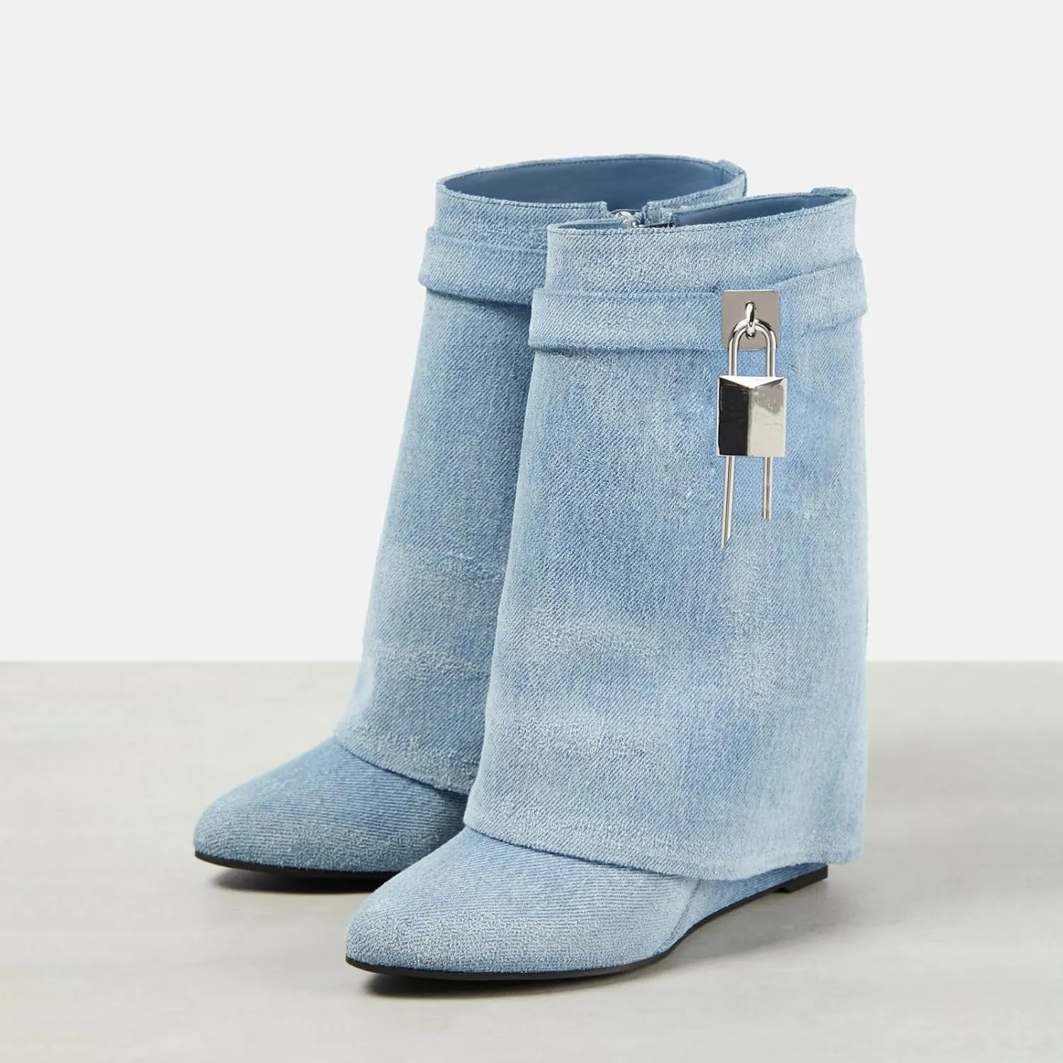 Yishaweiqi Padlock Ankle Boots Fold Over Wedge Heel Booties Wide-calf Short Boot