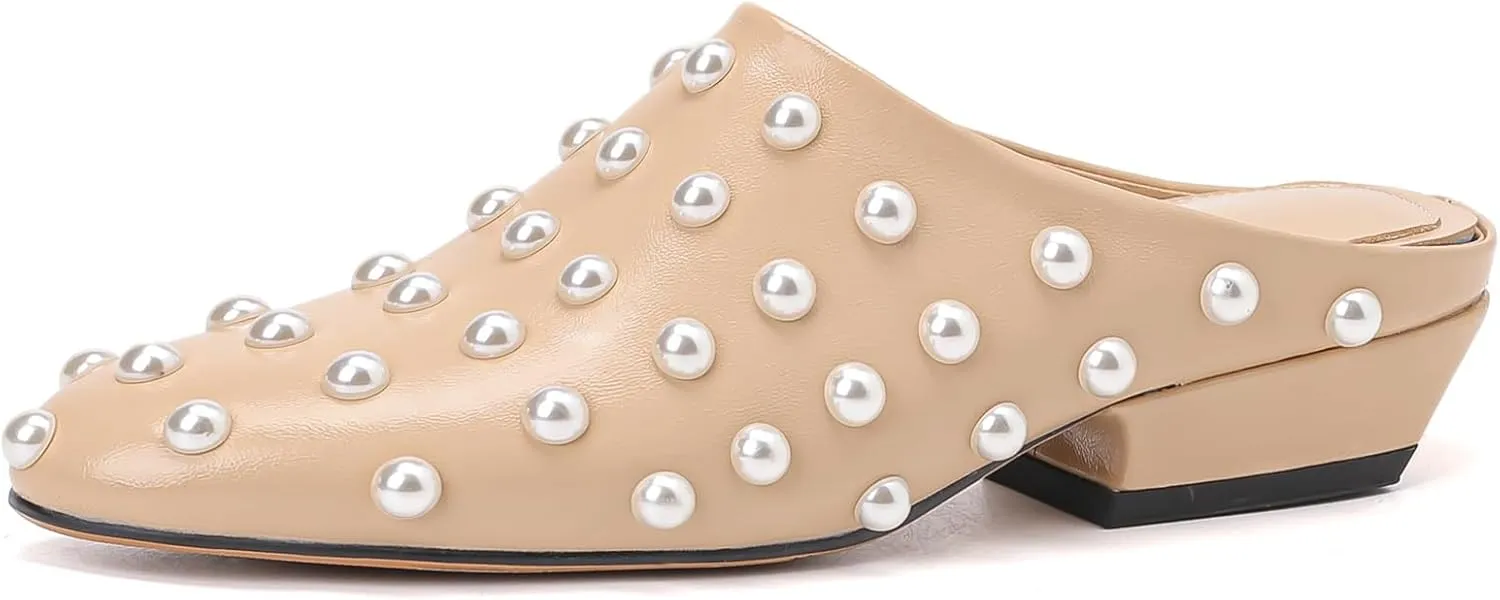 YIYA Women's Black Pearl Studded Flats Mules Closed Round Toe Backless Dress Slip On Flats Shoes