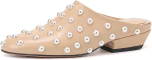 YIYA Women's Black Pearl Studded Flats Mules Closed Round Toe Backless Dress Slip On Flats Shoes