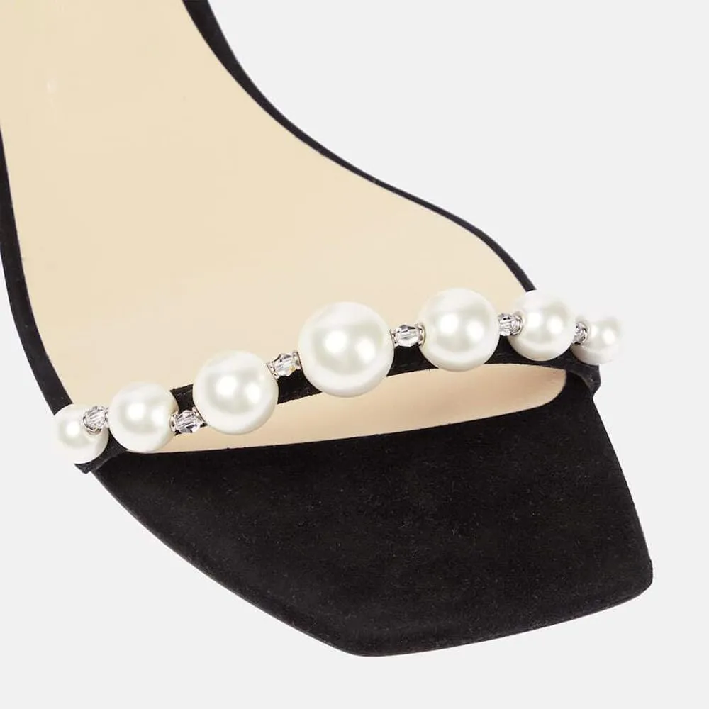 YIYA Women's Pearl Chunky Heels Slides Mules Two Strap Open Square Toe Block Low Heels Slip On Heeled Wedding Party Dress Sandals