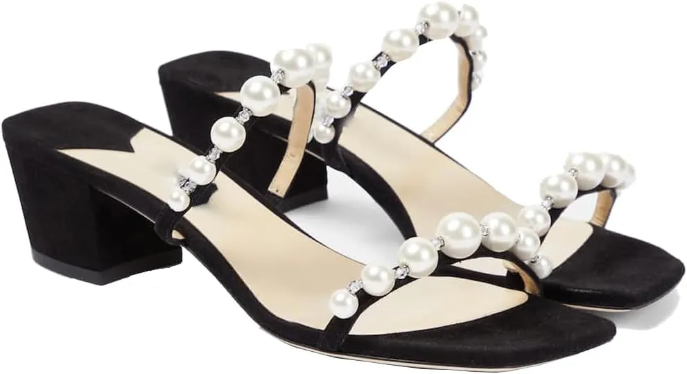 YIYA Women's Pearl Chunky Heels Slides Mules Two Strap Open Square Toe Block Low Heels Slip On Heeled Wedding Party Dress Sandals