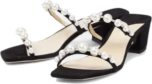 YIYA Women's Pearl Chunky Heels Slides Mules Two Strap Open Square Toe Block Low Heels Slip On Heeled Wedding Party Dress Sandals