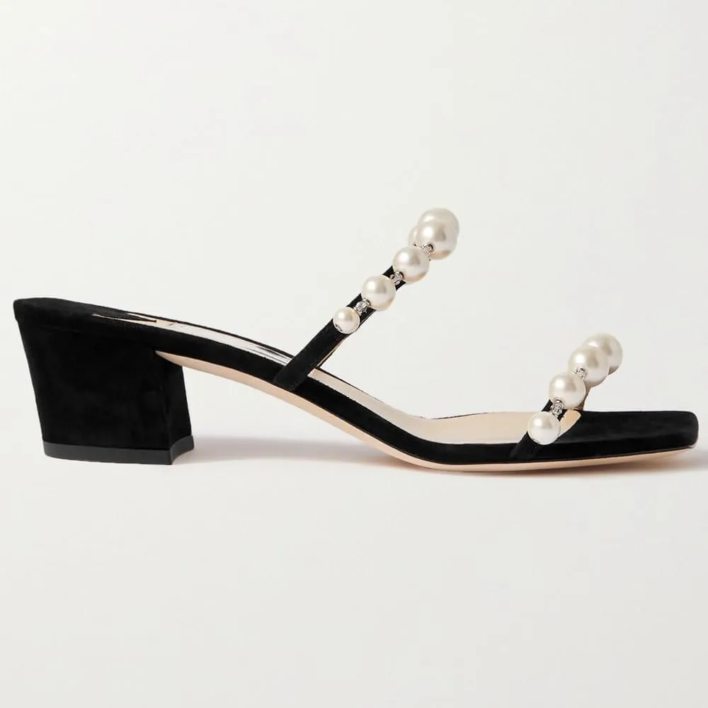 YIYA Women's Pearl Chunky Heels Slides Mules Two Strap Open Square Toe Block Low Heels Slip On Heeled Wedding Party Dress Sandals