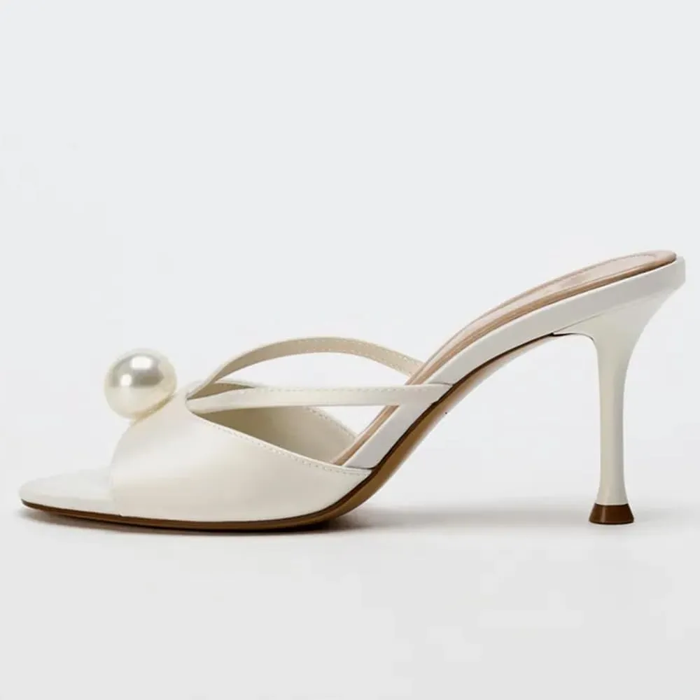 YIYA Women's White Pearl Mules Heels Open Round Toe Stiletto Kitten High Heels Slip on Bridal Wedding Party Sandals Shoes