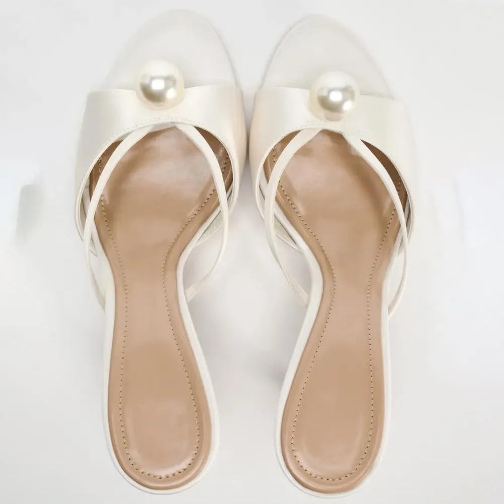 YIYA Women's White Pearl Mules Heels Open Round Toe Stiletto Kitten High Heels Slip on Bridal Wedding Party Sandals Shoes