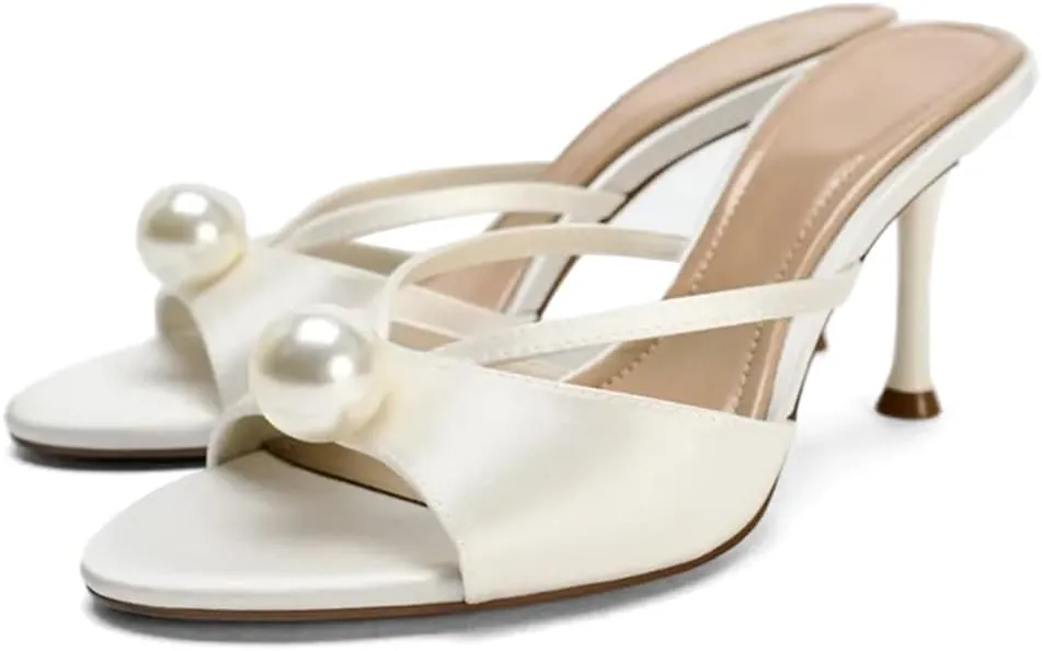 YIYA Women's White Pearl Mules Heels Open Round Toe Stiletto Kitten High Heels Slip on Bridal Wedding Party Sandals Shoes