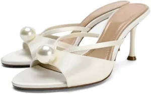 YIYA Women's White Pearl Mules Heels Open Round Toe Stiletto Kitten High Heels Slip on Bridal Wedding Party Sandals Shoes