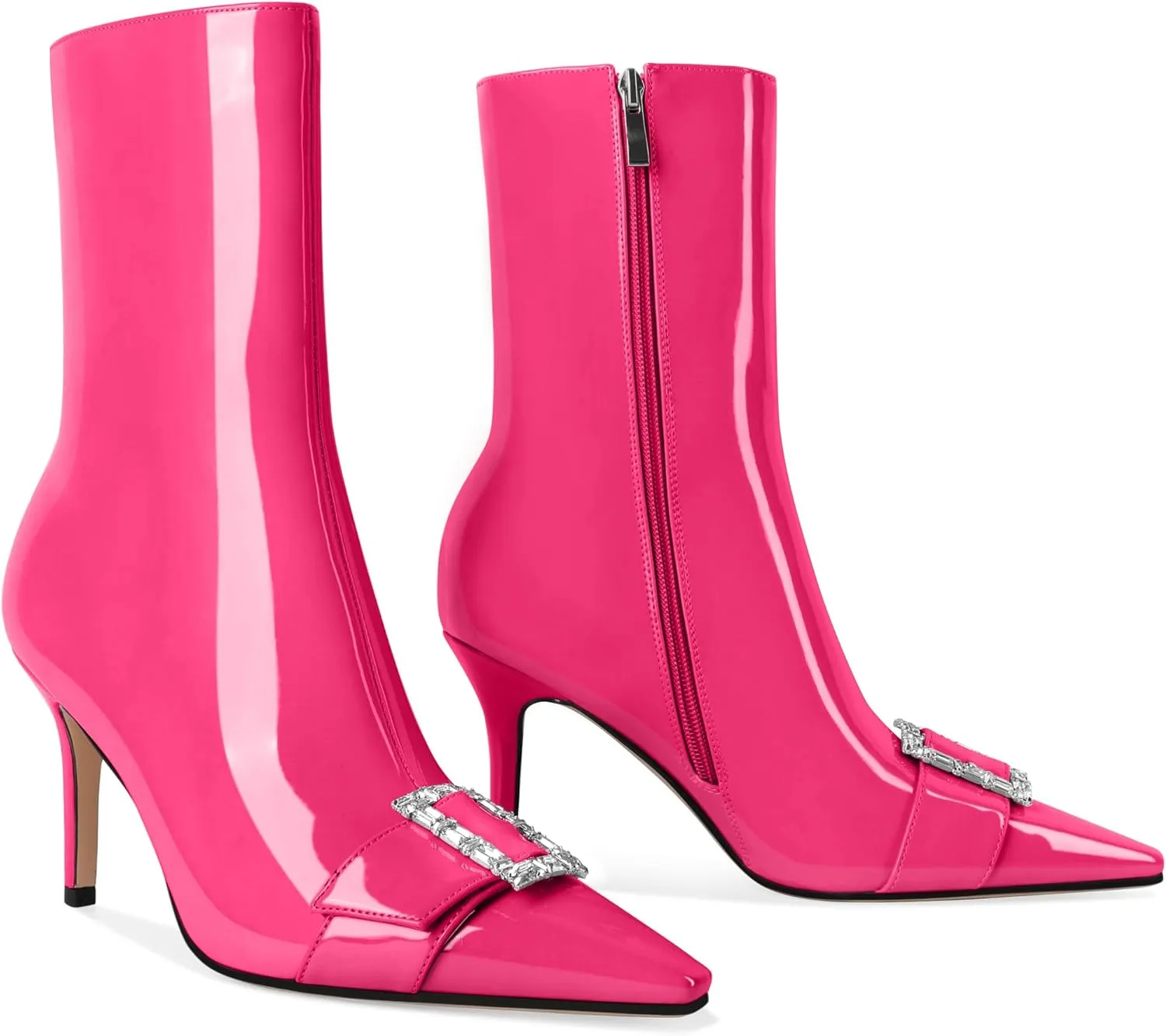YODEKS Ankle Boots For Women Short Boots Pointed Toe 3.5 Inch High Heel Boots Rhinestone Buckle Boots