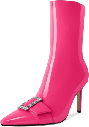YODEKS Ankle Boots For Women Short Boots Pointed Toe 3.5 Inch High Heel Boots Rhinestone Buckle Boots