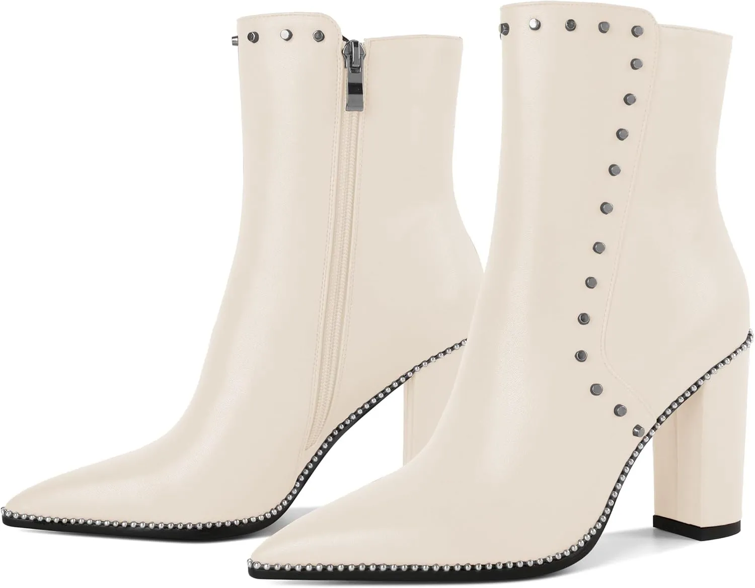 YODEKS Womens Ankle Booties 3.7 Inch Heel Chunky Boots Rivet Beaded Studded Pointed Toe Side Zipper Boots Size 5-13