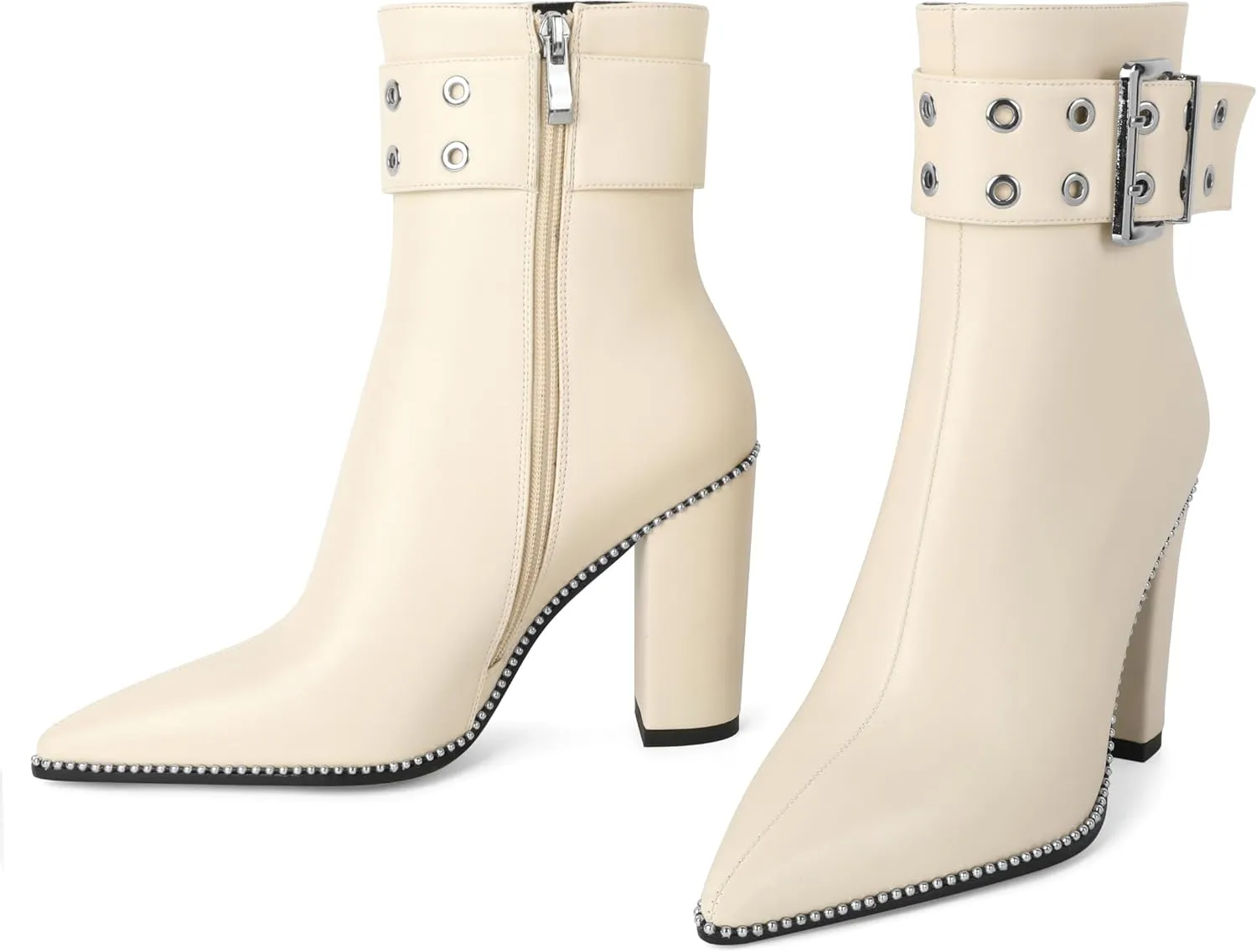 YODEKS Womens Ankle Boots 3.7 Inch Heel Chunky Boots Beaded Eyelets Buckle Strap Side Zipper Boots