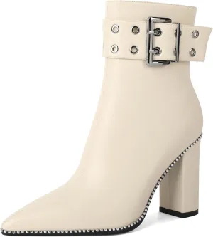 YODEKS Womens Ankle Boots 3.7 Inch Heel Chunky Boots Beaded Eyelets Buckle Strap Side Zipper Boots