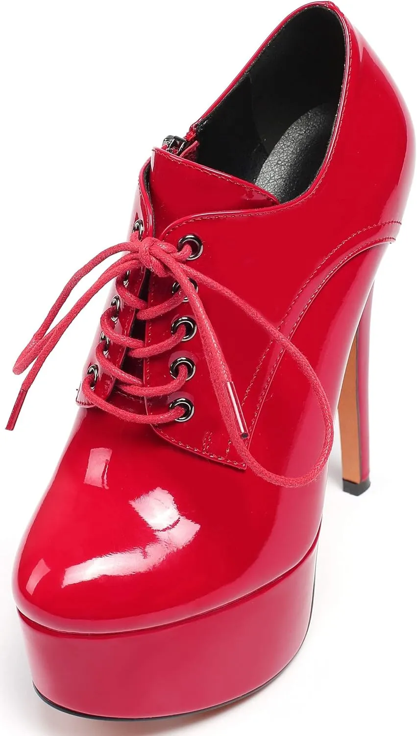 YODEKS Women's Platform Pumps Stiletto High Heel Ankle Bootie Lace Up Closed Toe Sexy Leather Short Boots