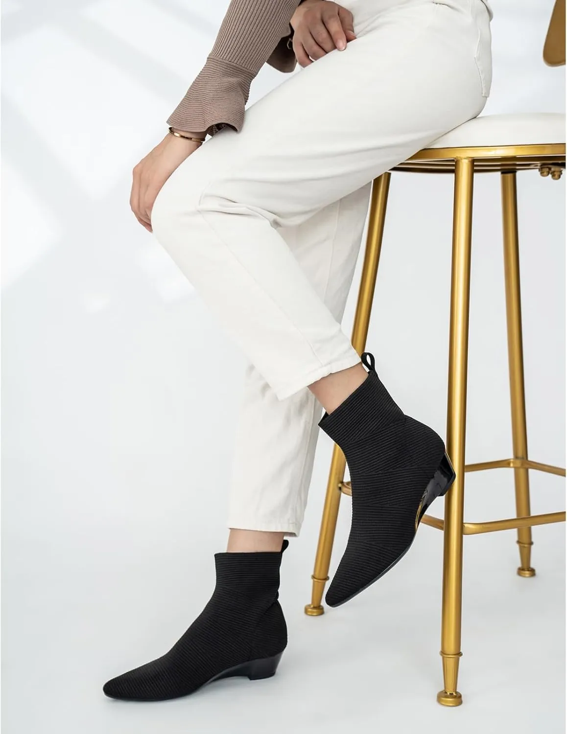 youngshow Women’s Booties Comfortable Knitted Low Heel Boots For Women Ankle Booties Pointed Toe Slip On Fall Winter Ladies Dress Shoes