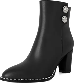 Zamikoo Chunky Heel Ankle Boots for Women Round Toe Beaded Heel Short Booties Fall Heel Boots Side Zipper 3 Inches
