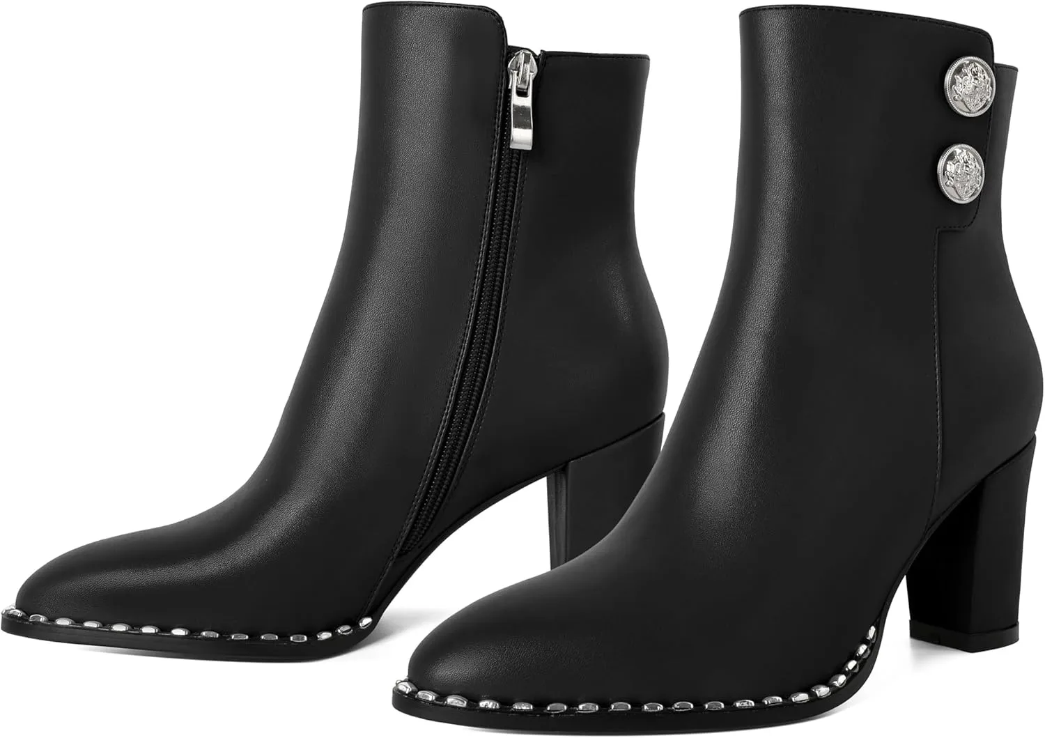 Zamikoo Chunky Heel Ankle Boots for Women Round Toe Beaded Heel Short Booties Fall Heel Boots Side Zipper 3 Inches