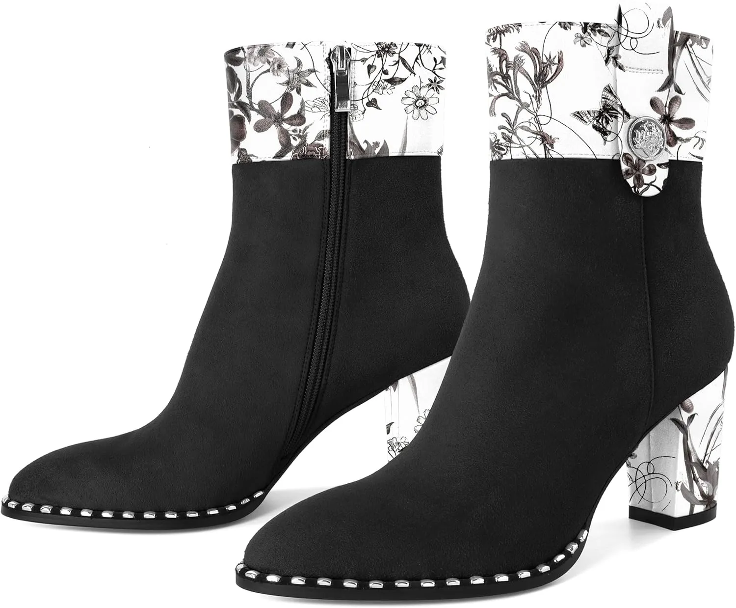 Zamikoo Women Chunky Heel Ankle Boots Round Toe Beaded Heeled Short Booties Side Zipper 3 Inches
