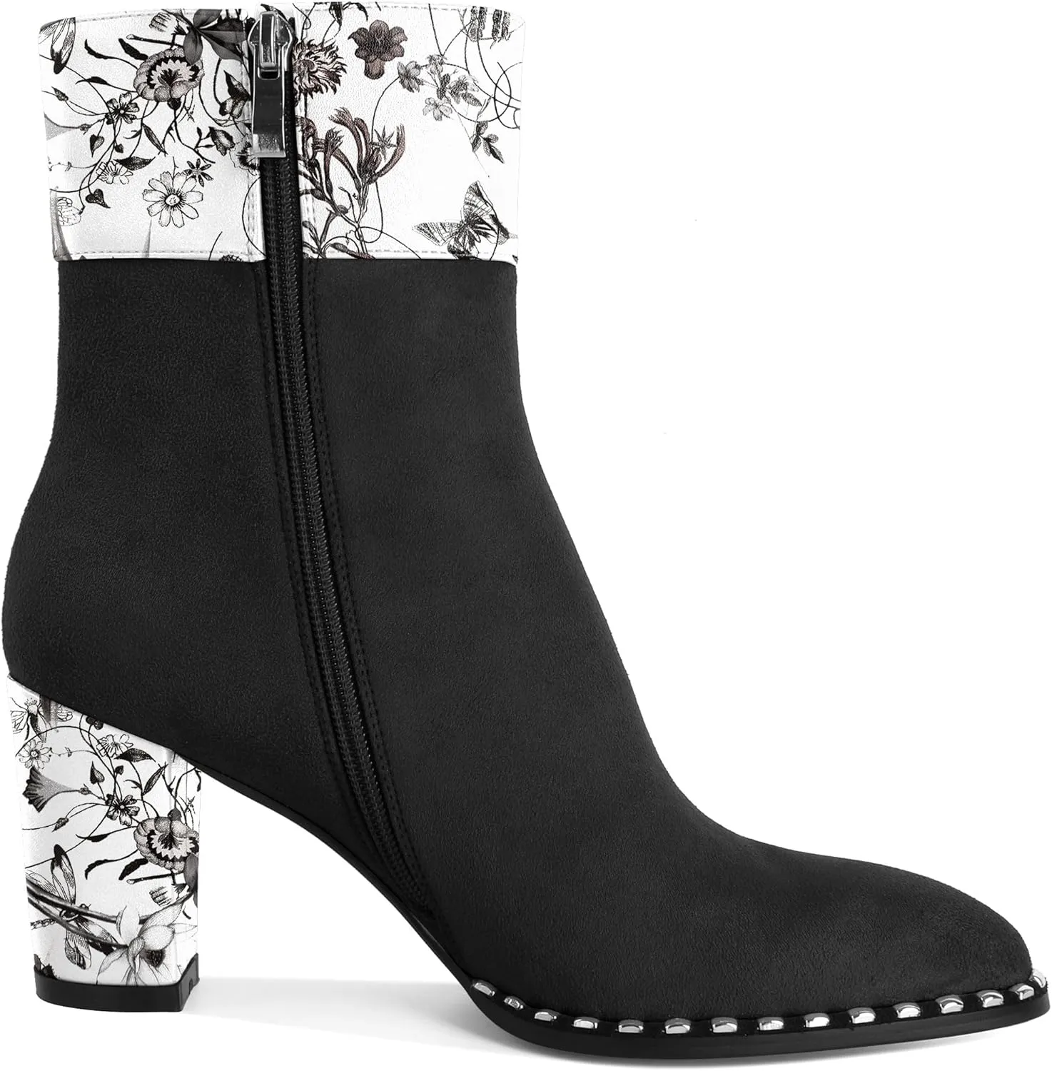 Zamikoo Women Chunky Heel Ankle Boots Round Toe Beaded Heeled Short Booties Side Zipper 3 Inches