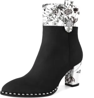Zamikoo Women Chunky Heel Ankle Boots Round Toe Beaded Heeled Short Booties Side Zipper 3 Inches
